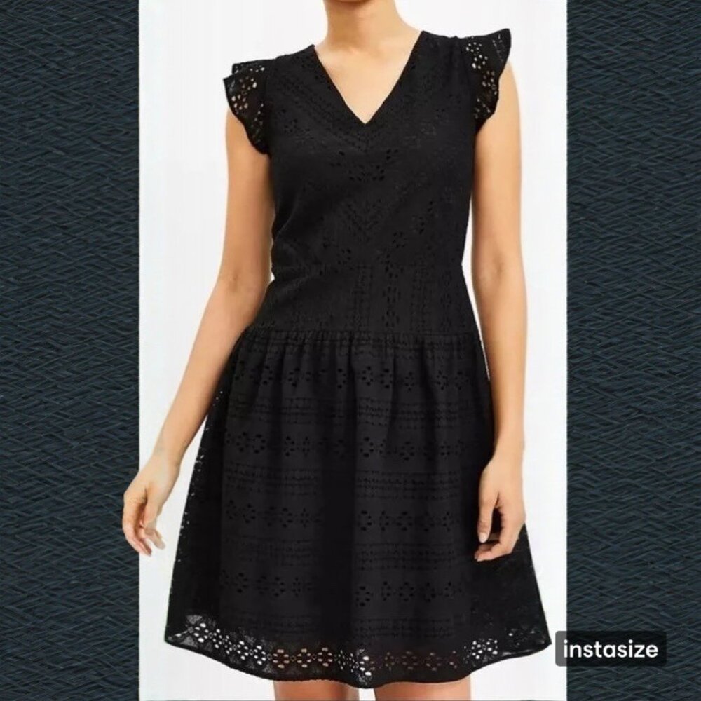 LOFT Black Eyelet V Neck Flutter Sleeve Mini Dress Size 14